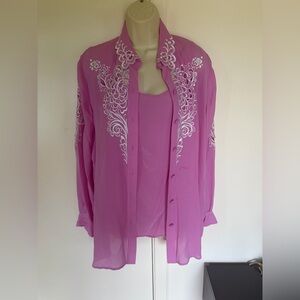 Bob Mackie Pink Sheer Embroidered Button-Down Top with Tank